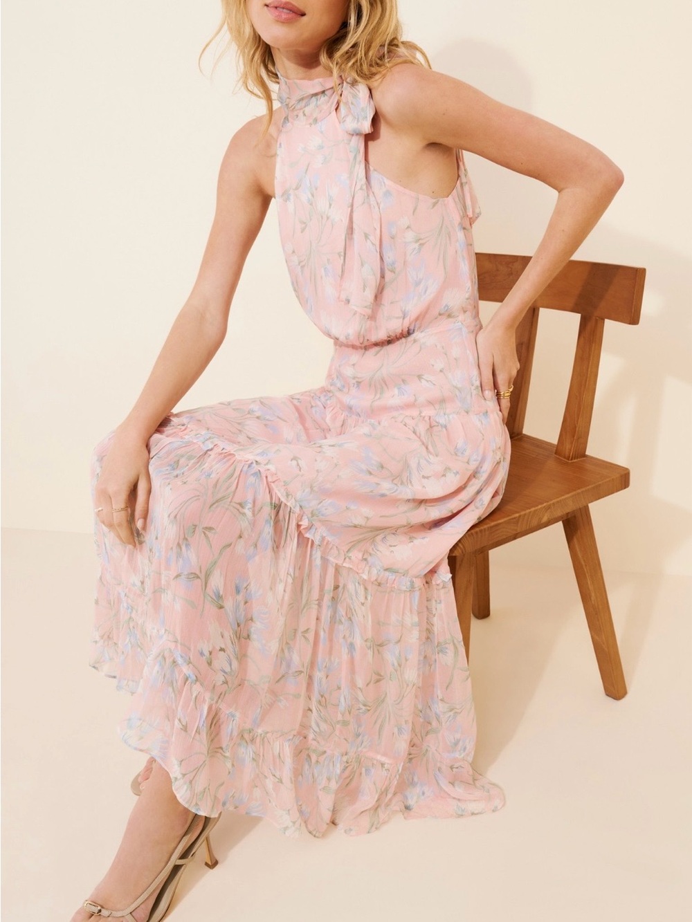 RIXO Abi Pink Floral Halter Midi Dress Medium